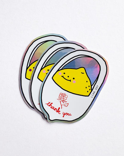 Set of three stickers with a lemon character and 'thank you' text on a white background