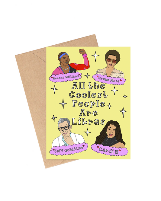 Greeting card with illustrations of four people and text on a yellow background, Libra Celebrities Birthday Card. Cardi B, Bruno Mars, Serena Williams, Jeff Goldblum