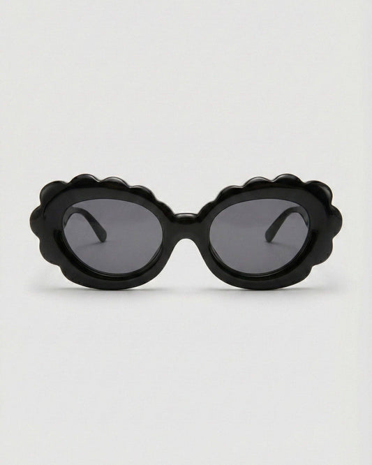 Black sunglasses with a unique frame design on a white background