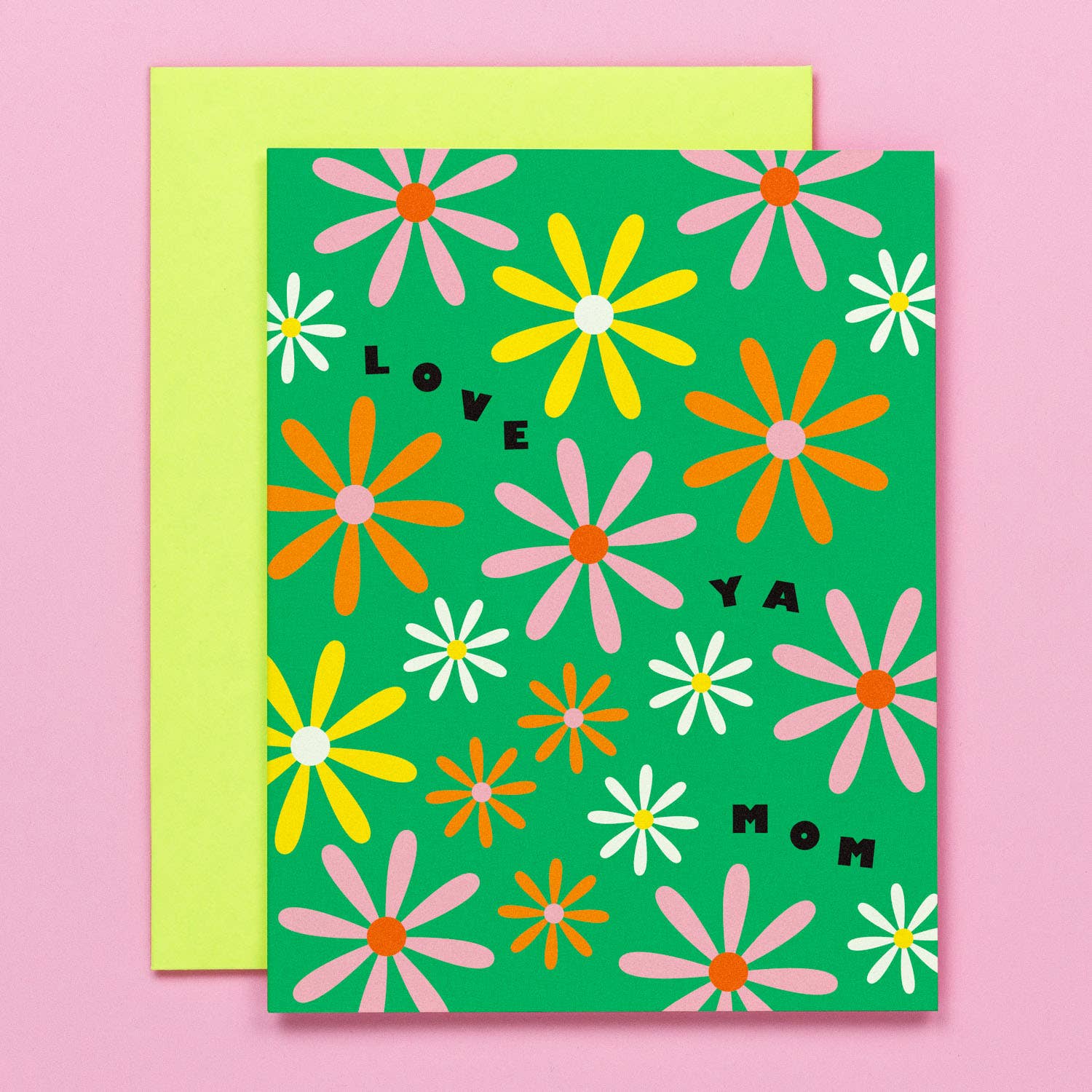 Greeting card with floral design and 'Love ya mom' text on a pink background