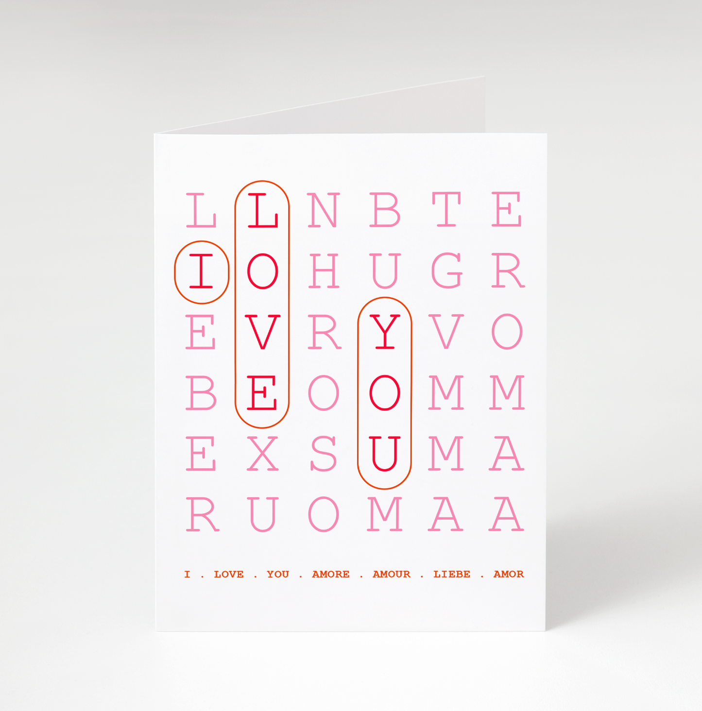 White card with pink and orange text on a white background