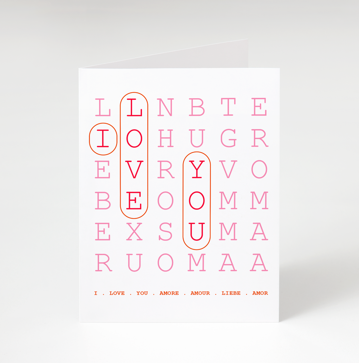 White card with pink and orange text on a white background