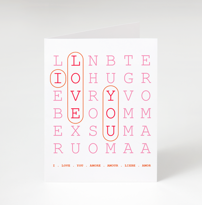 White card with pink and orange text on a white background