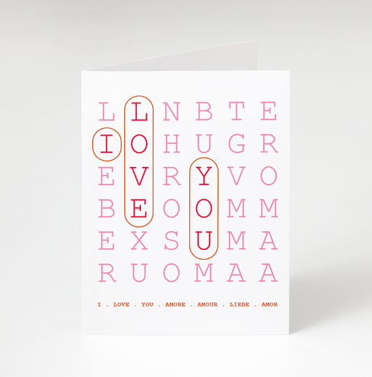 White card with pink and orange text on a white background