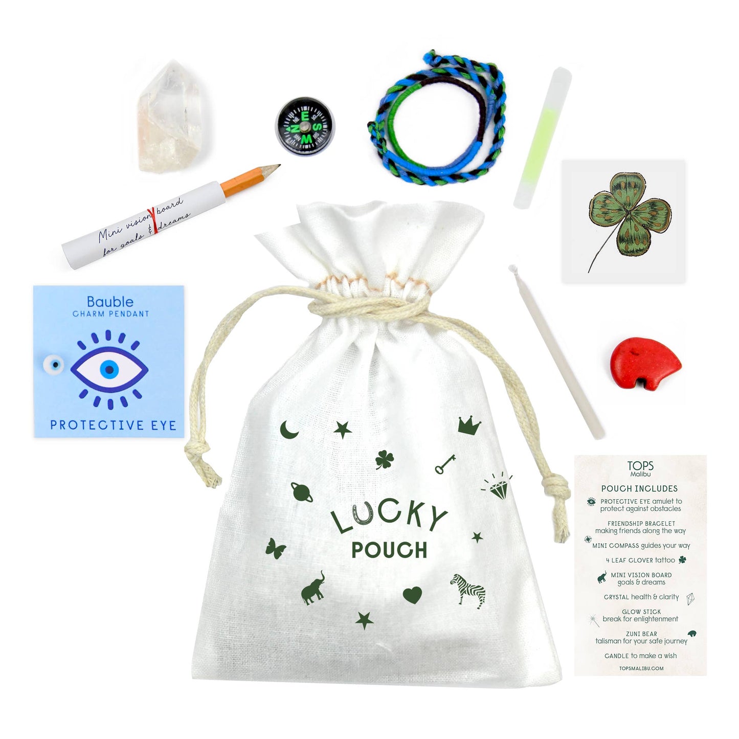 Lucky pouch with various small items on a white background