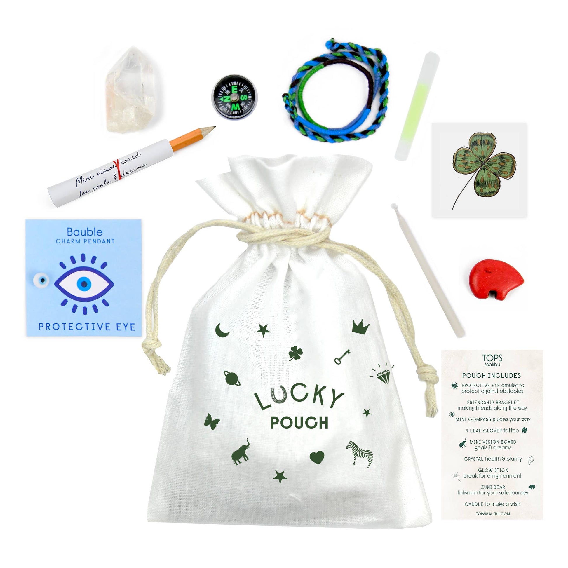 Lucky pouch with various small items on a white background