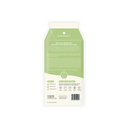 ESW Beauty mask packaging with green and white design on a white background, Matcha Almond Milk Radiance Sheet Mask