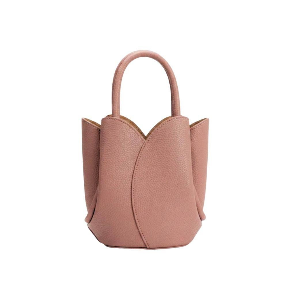 Pink handbag with a unique design on a white background, Mauve Pink Mini Tulip Top Handle Bag