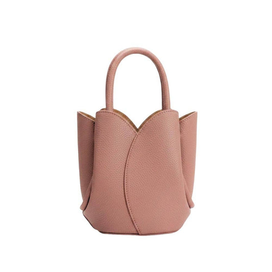 Pink handbag with a unique design on a white background, Mauve Pink Mini Tulip Top Handle Bag