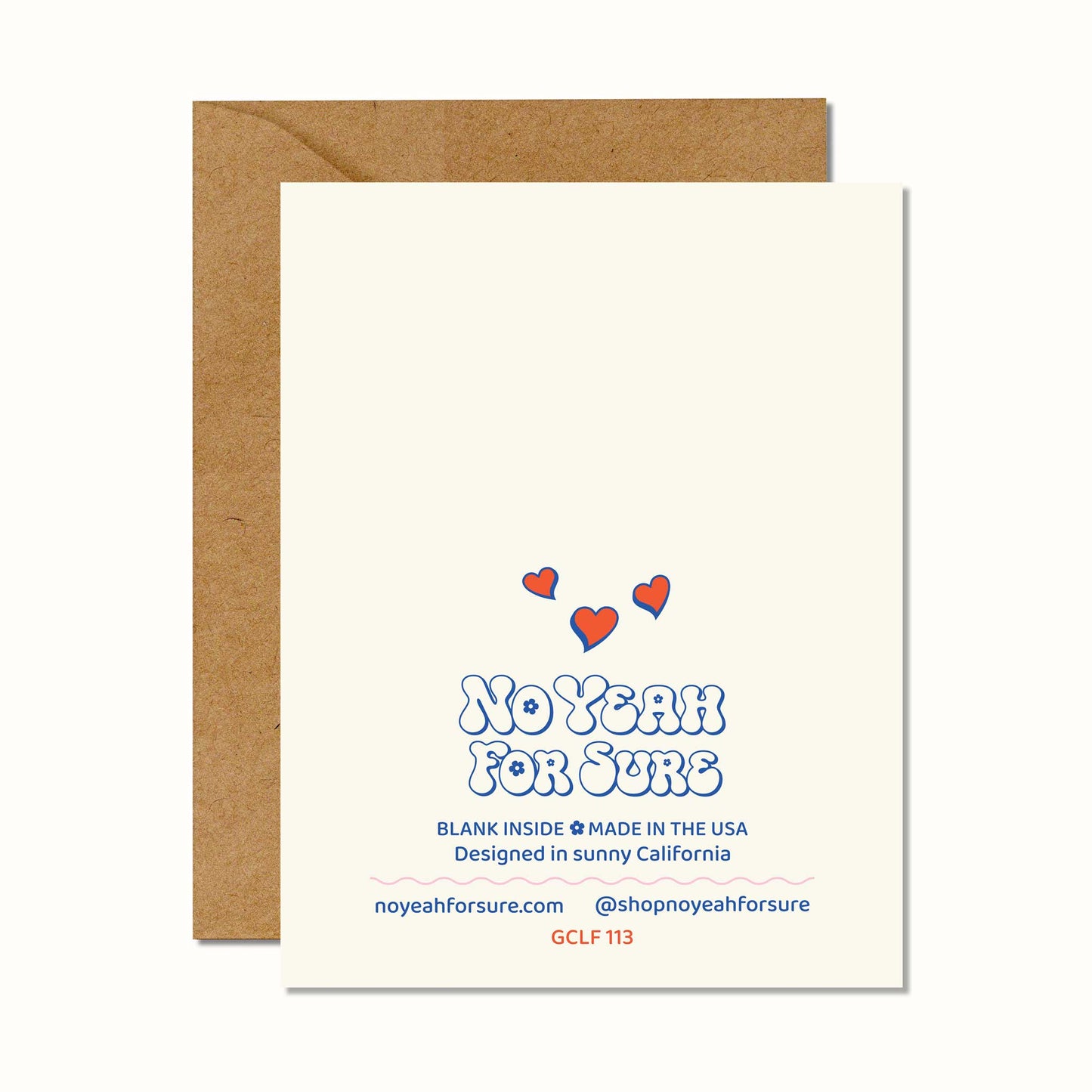 Greeting card with 'No Yeah For Sure' text and heart graphics, brown envelope on white background