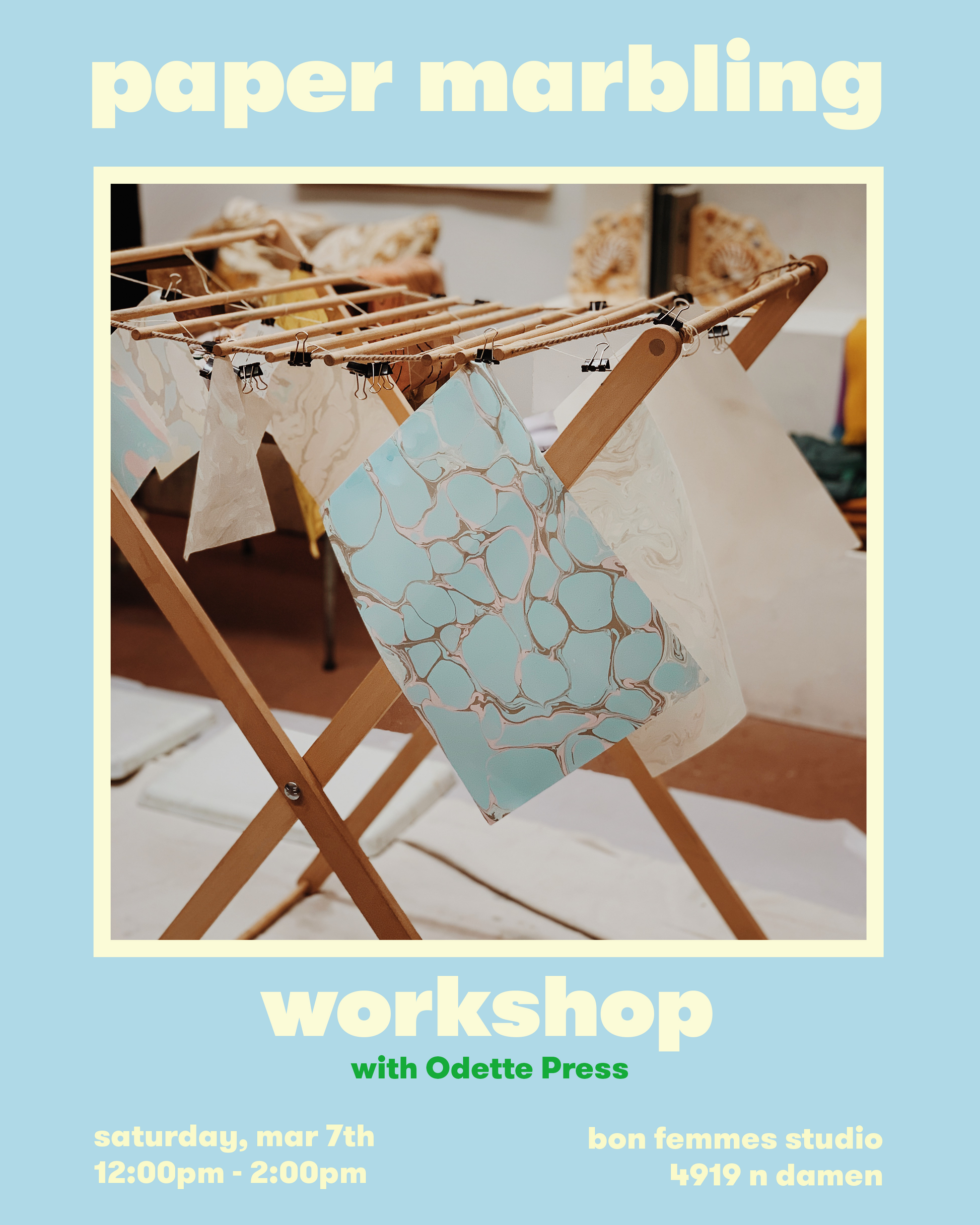 Advertisement for a paper marbling workshop with a sample piece of marbled paper on a stand.