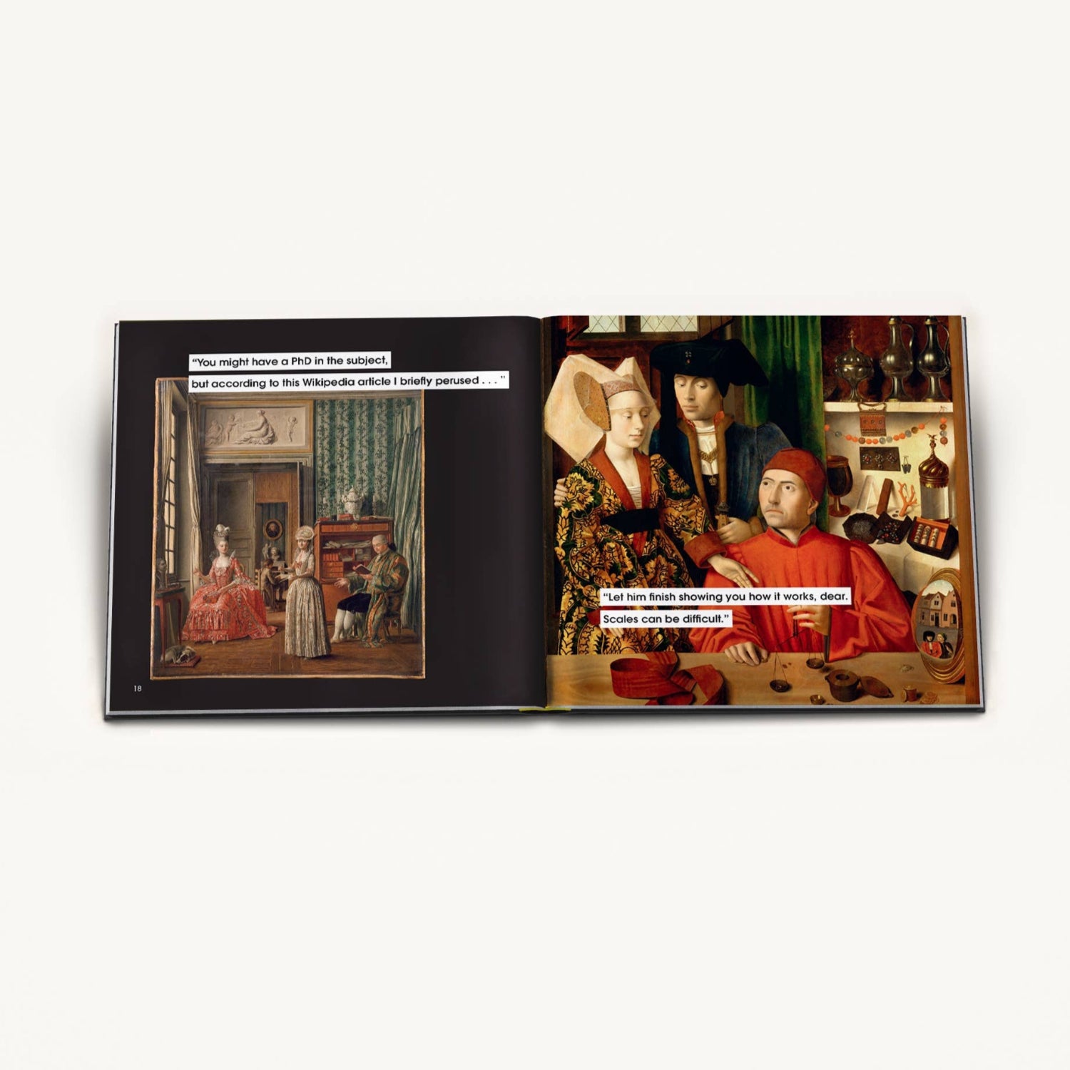 Open book showing two classical paintings with text labels on a white background