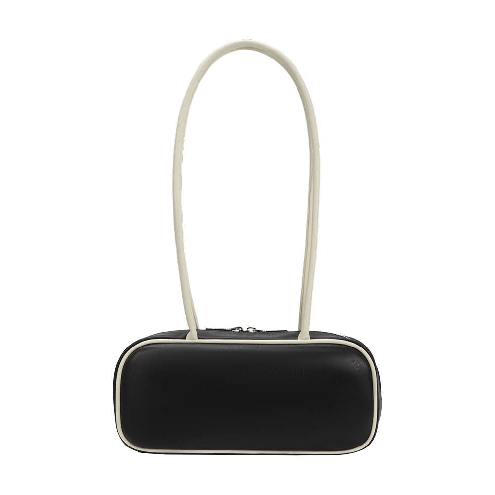 Black rectangular pouch with a white strap on a white background