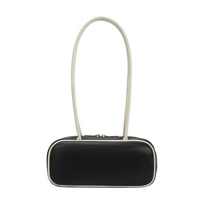 Black rectangular pouch with a white strap on a white background