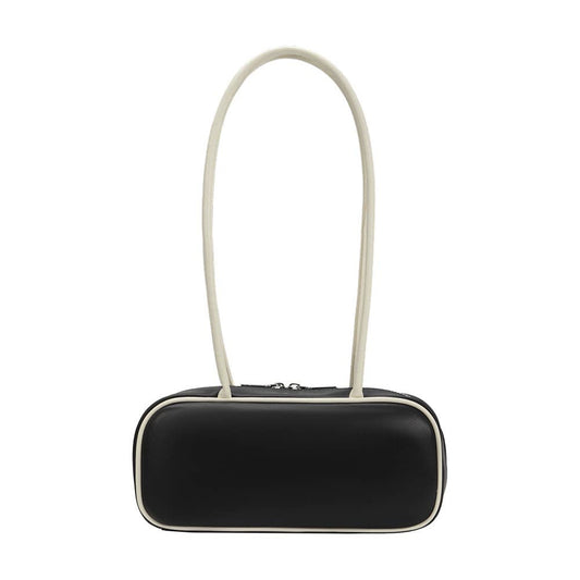 Black rectangular pouch with a white strap on a white background