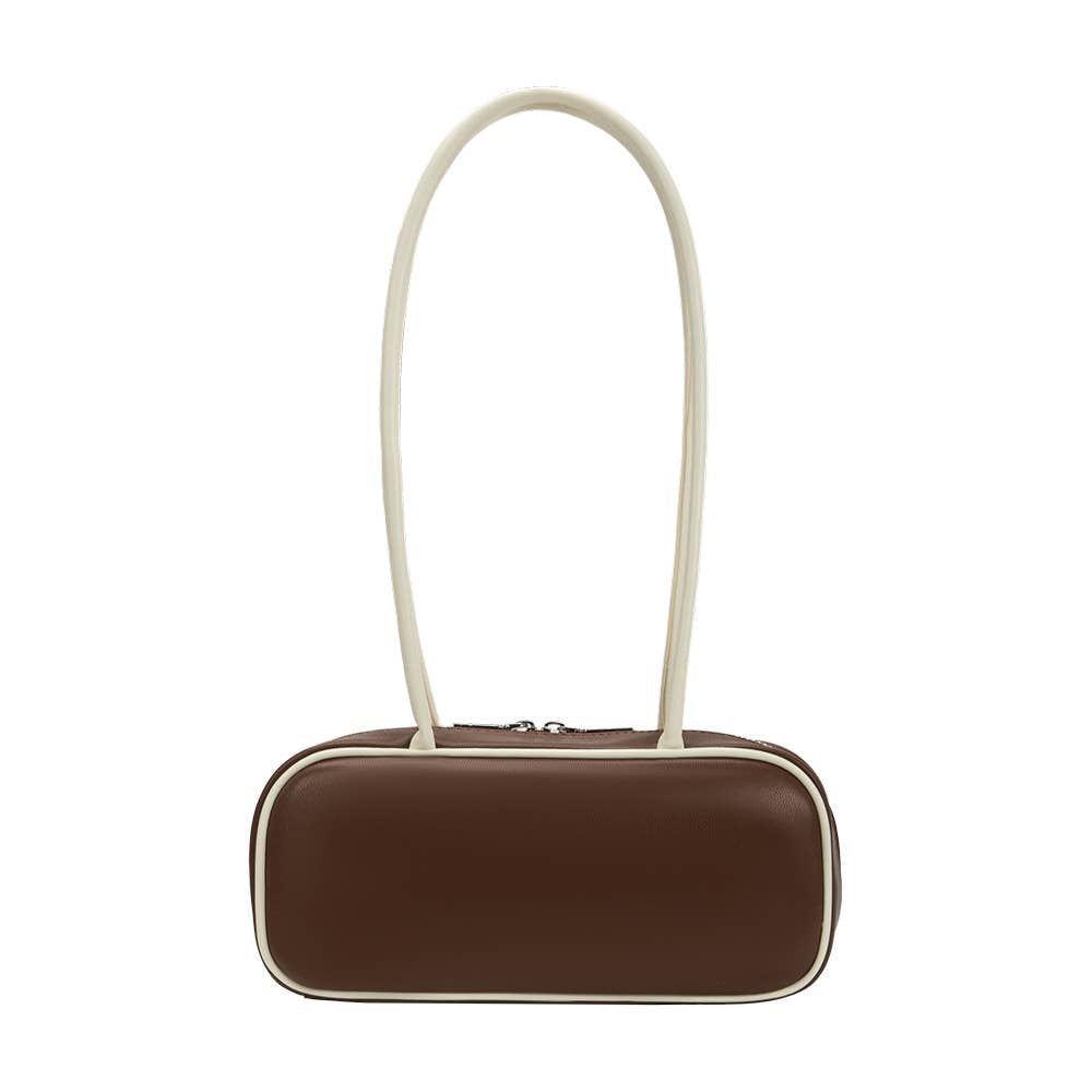 Brown rectangular pouch with a white strap on a white background
