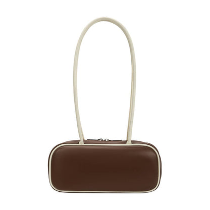 Brown rectangular pouch with a white strap on a white background