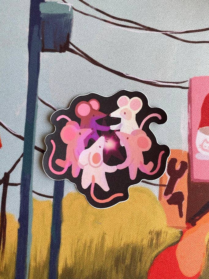 Sticker of five pink mice in a circle with a colorful background