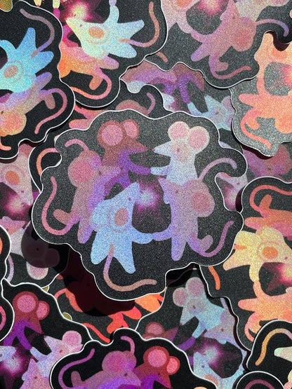 Sticker with colorful mouse design on a black background