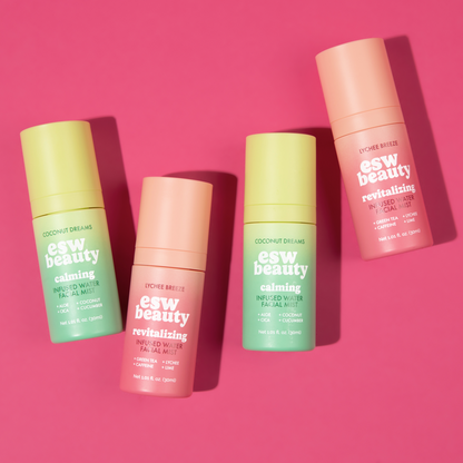 Four bottles of dew beauty products on a pink background
