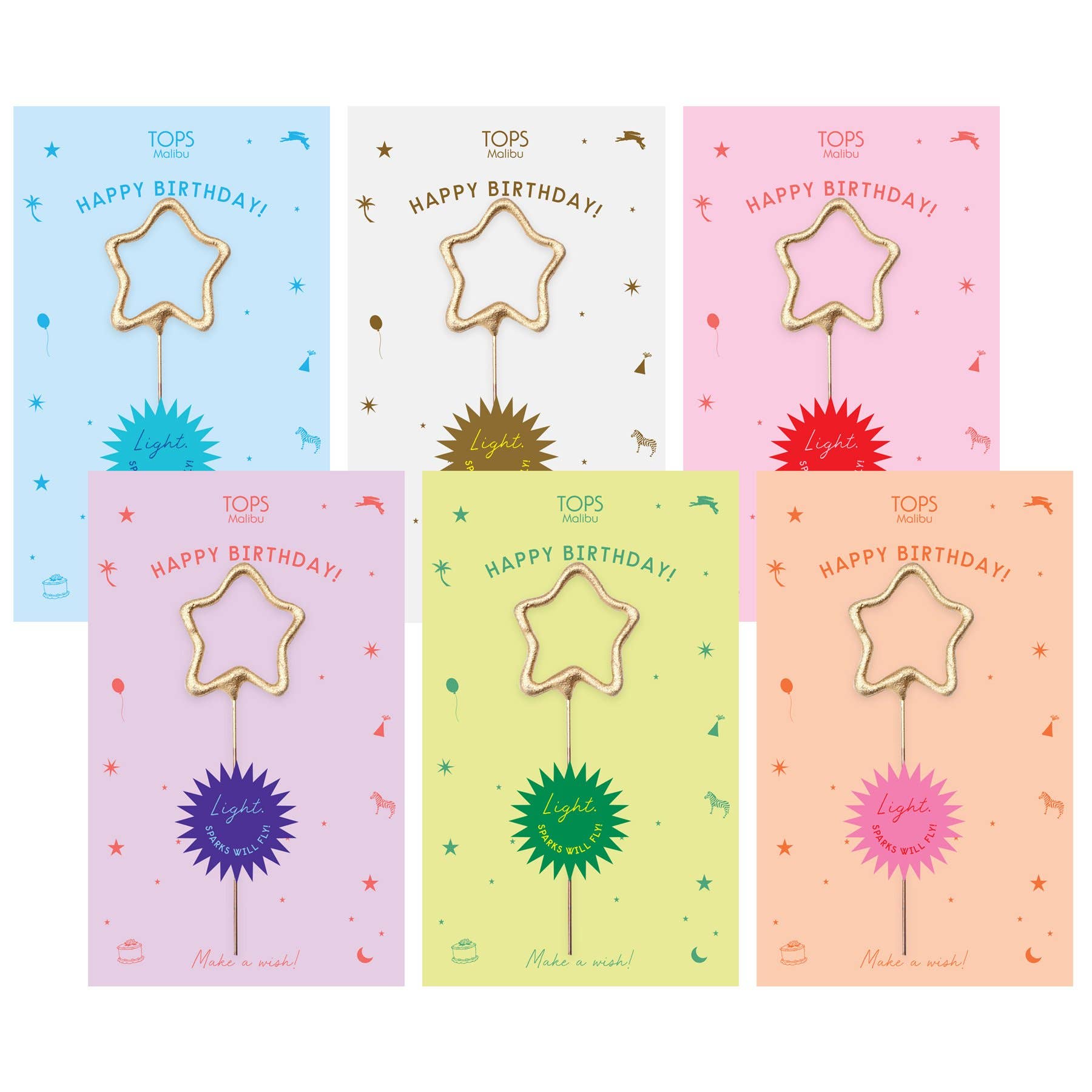 Set of six colorful greeting cards with star-shaped holders and 'Happy Birthday!' text on a white background.