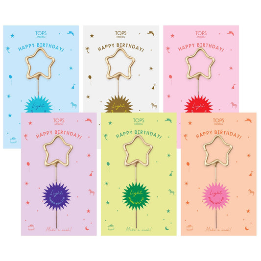 Set of six colorful greeting cards with star-shaped holders and 'Happy Birthday!' text on a white background.