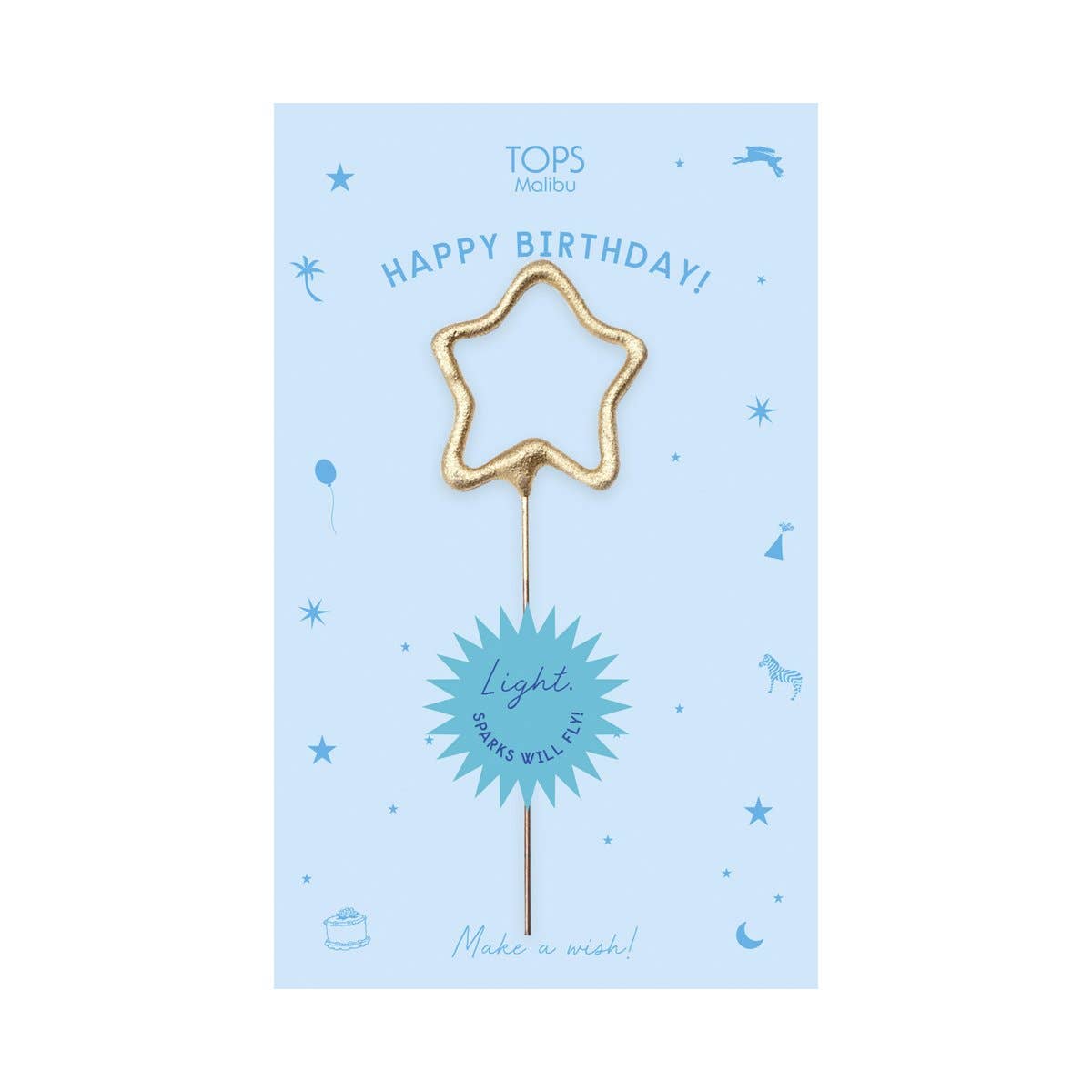 Star-shaped birthday sparkler on a blue card with 'Happy Birthday!' text