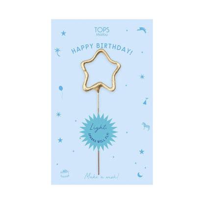 Star-shaped birthday sparkler on a blue card with 'Happy Birthday!' text