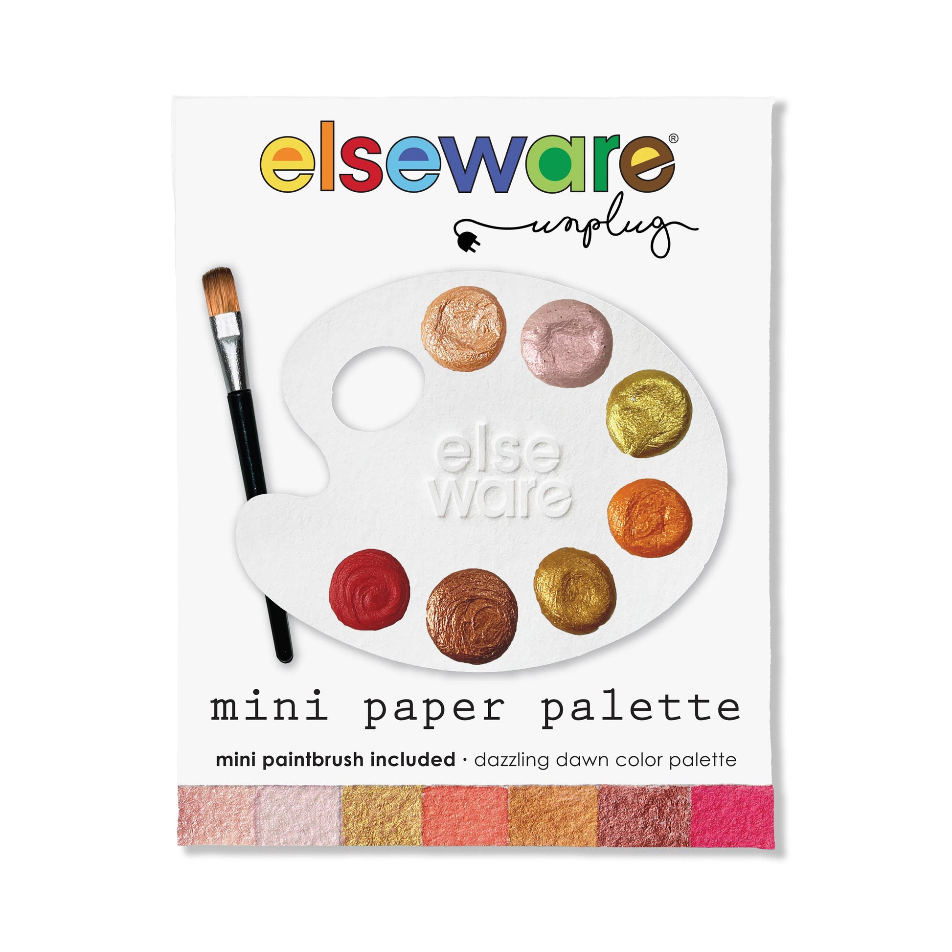 Elseware Unplugged mini paper palette packaging, featuring a white card with a printed paint palette graphic, a mini paintbrush, and a row of shimmer color swatches at the bottom.