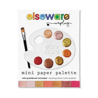 Elseware Unplugged mini paper palette packaging, featuring a white card with a printed paint palette graphic, a mini paintbrush, and a row of shimmer color swatches at the bottom.