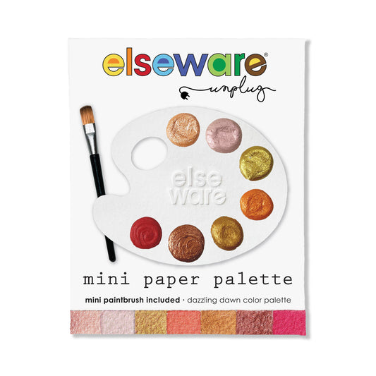 Elseware Unplugged mini paper palette packaging, featuring a white card with a printed paint palette graphic, a mini paintbrush, and a row of shimmer color swatches at the bottom.