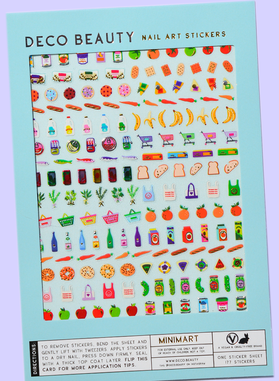 Sheet of Deco Beauty nail art stickers with various small images on a blue background