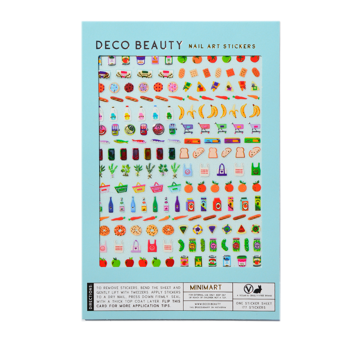 Packaging of Deco Beauty nail art stickers with various designs on a light blue background.