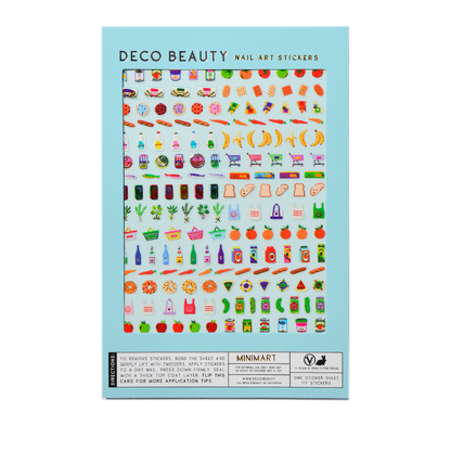 Packaging of Deco Beauty nail art stickers with various designs on a light blue background.