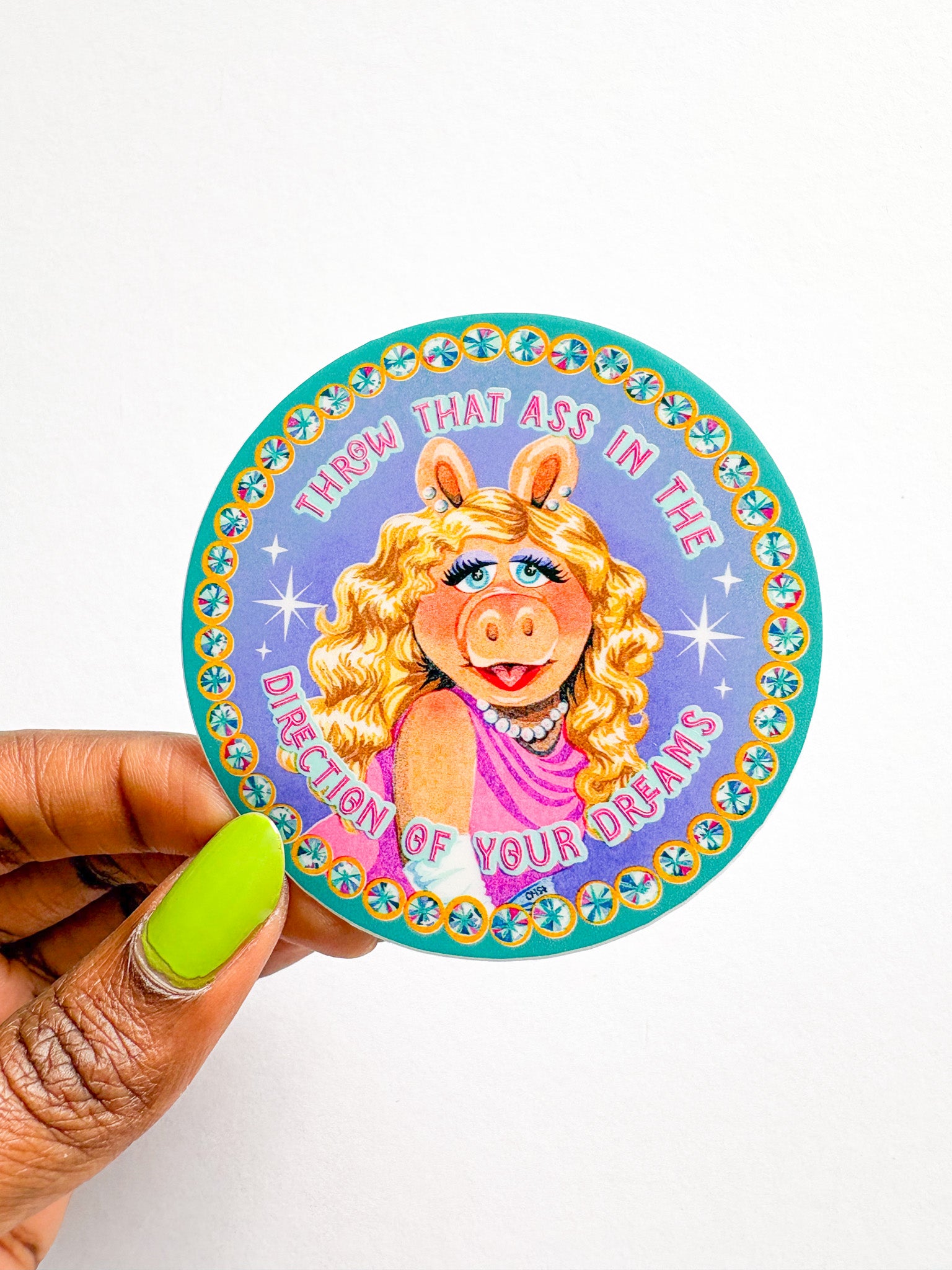 Sticker with a character holding text on a white background