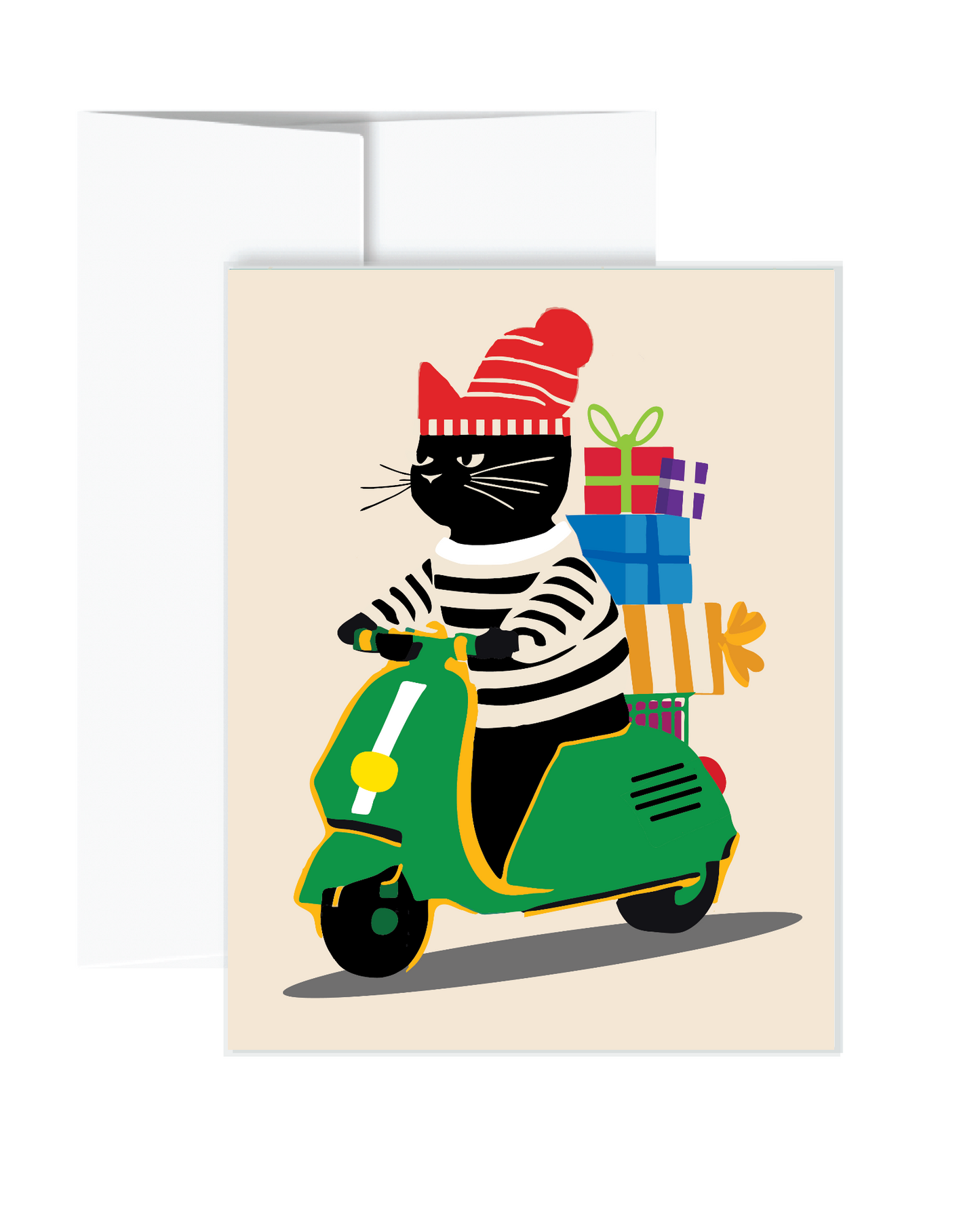 Card with a black cat in a striped sweater and red hat riding a green scooter with gift boxes.