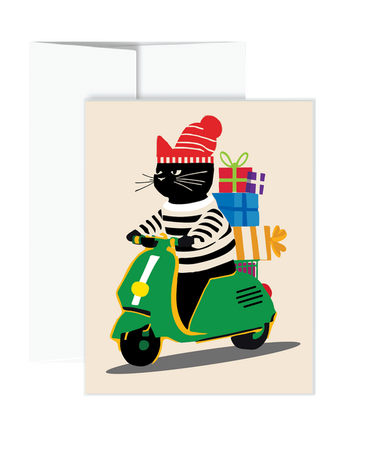Card with a black cat in a striped sweater and red hat riding a green scooter with gift boxes.