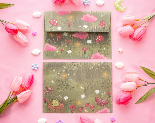 Two decorative envelopes with floral designs on a pink background with flowers.