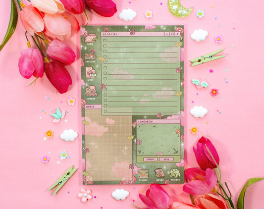Floral-themed notepad with pink tulips and decorative elements on a pink background, Mushroom Cottagecore Planner Pad