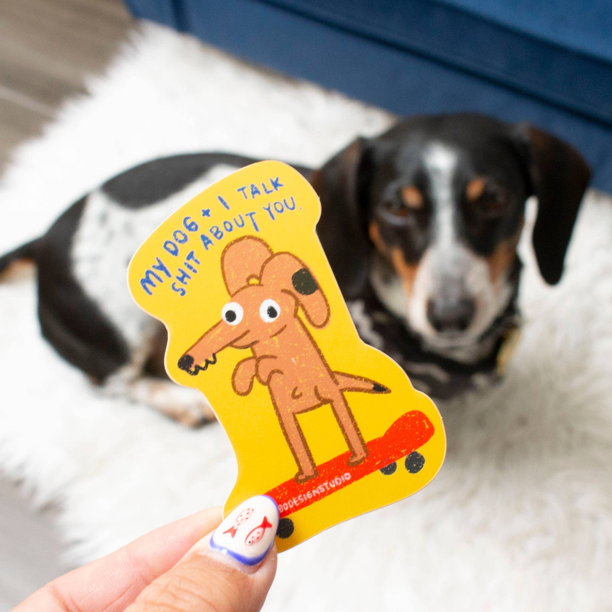 Dog toy with a cartoon dog design held by a hand, with a dog in the background.