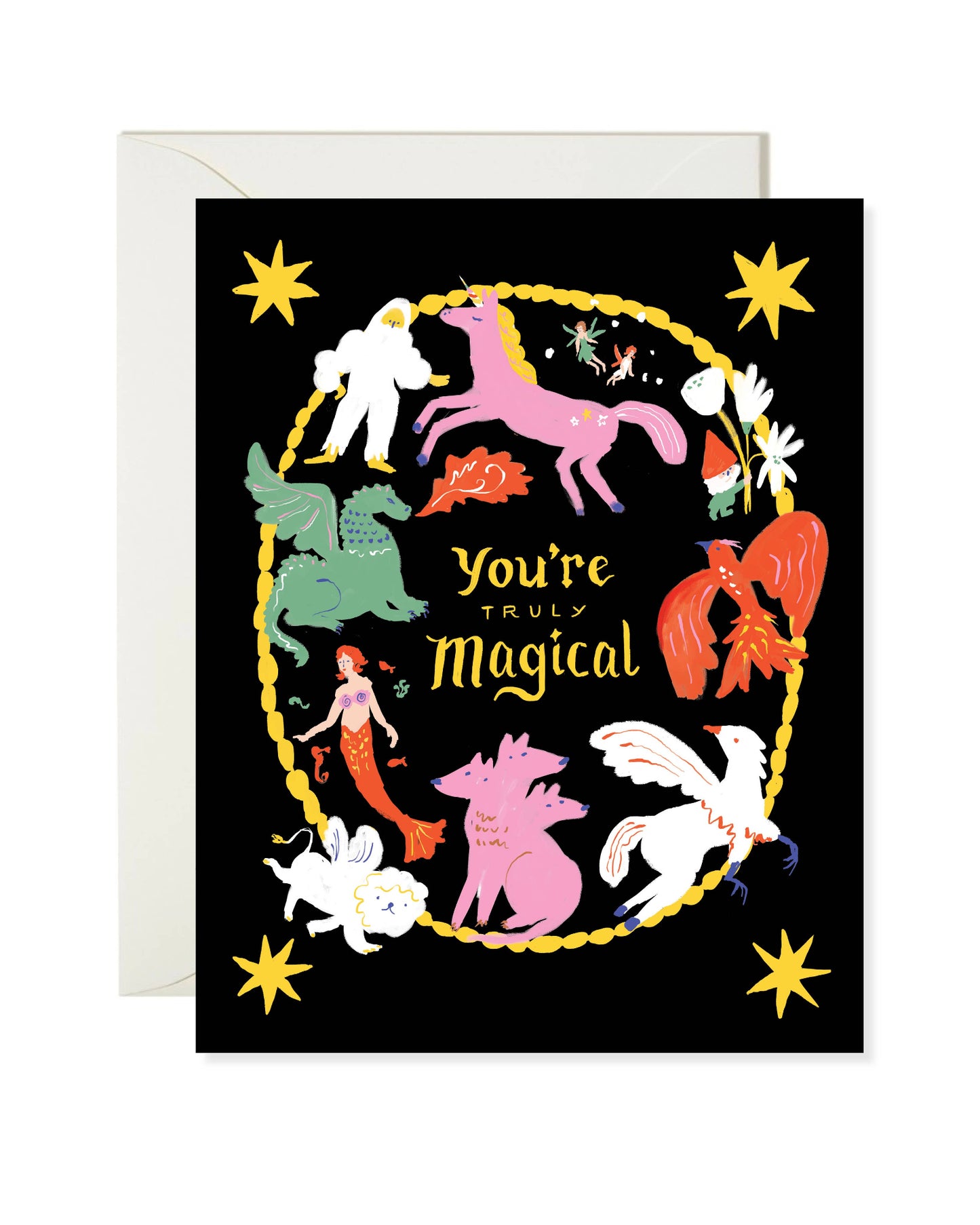 Greeting card with colorful mythical creatures and 'You're Truly Magical' text on a black background.