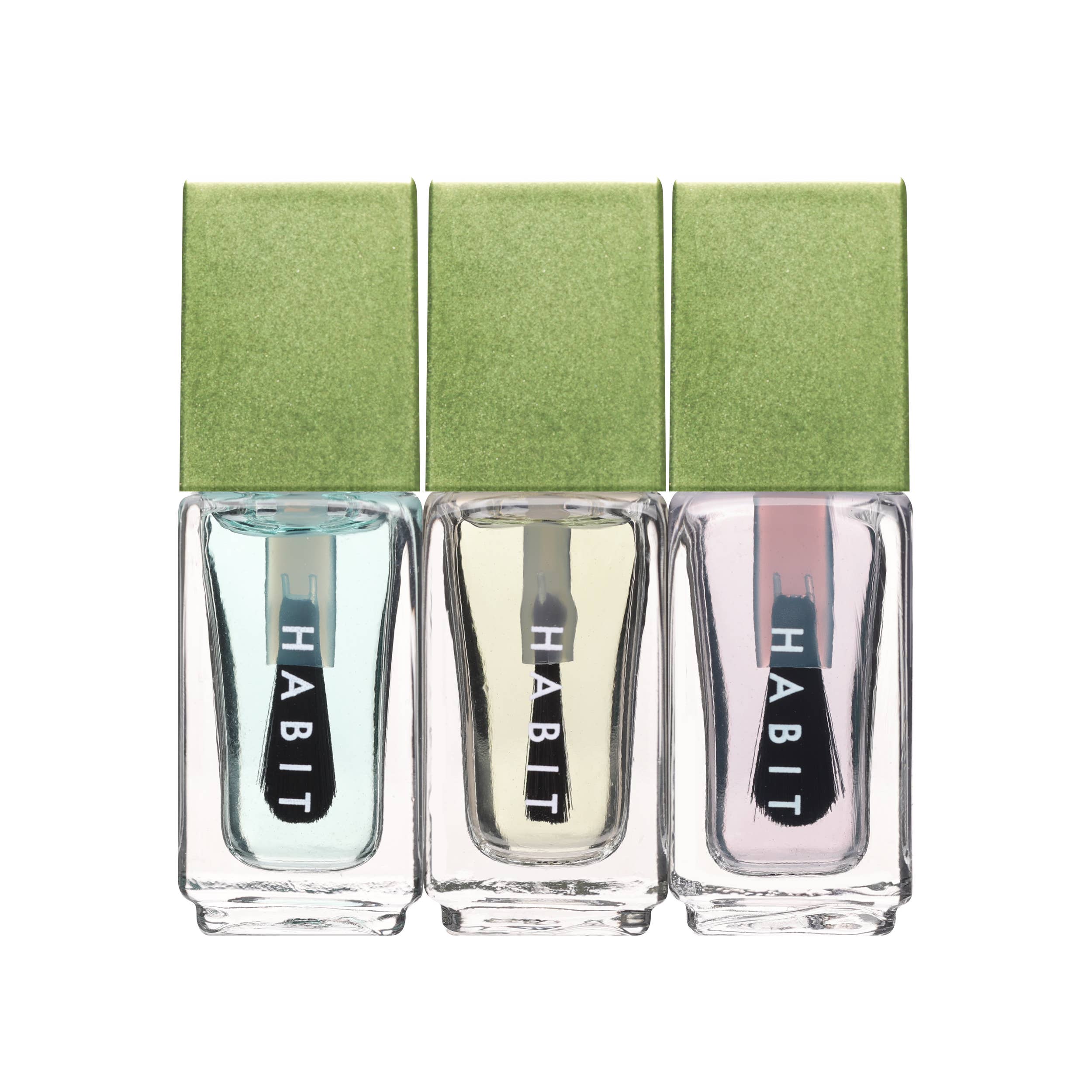 Three bottles of 'Habit' nail polish with a green box on a white background