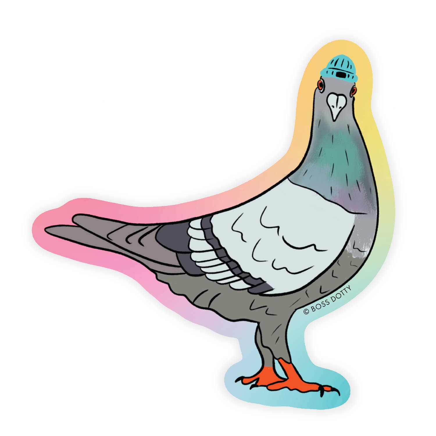 Colorful illustration of a pigeon with a helmet on a white background