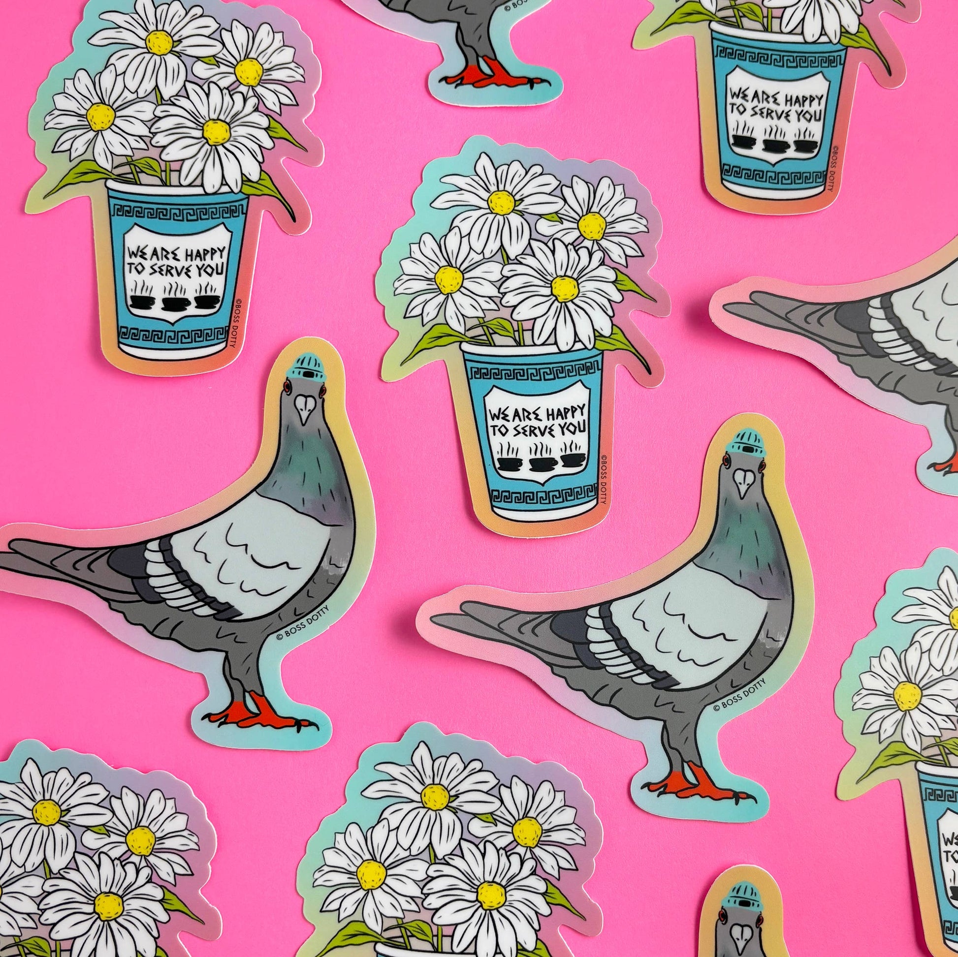 Stickers of pigeons, flowers, and a coffee cup on a pink background