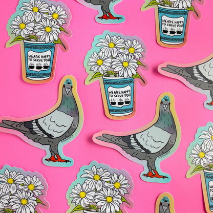 Stickers of pigeons, flowers, and a coffee cup on a pink background