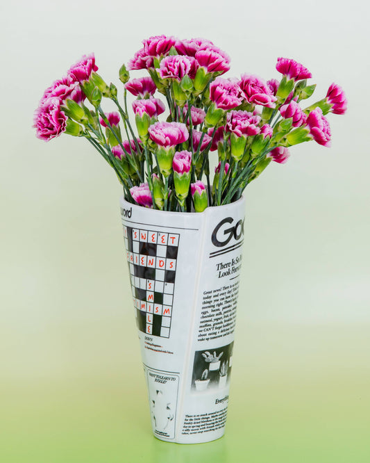 Pink flowers in a newspaper cup against a light green background, Newspaper Ceramic Vase