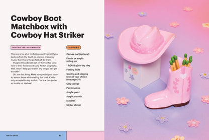 Pink cowboy boot matchbox with cowboy hat striker on a colorful background, Nifty Gifty Book: Mini Crafts with Major Charm