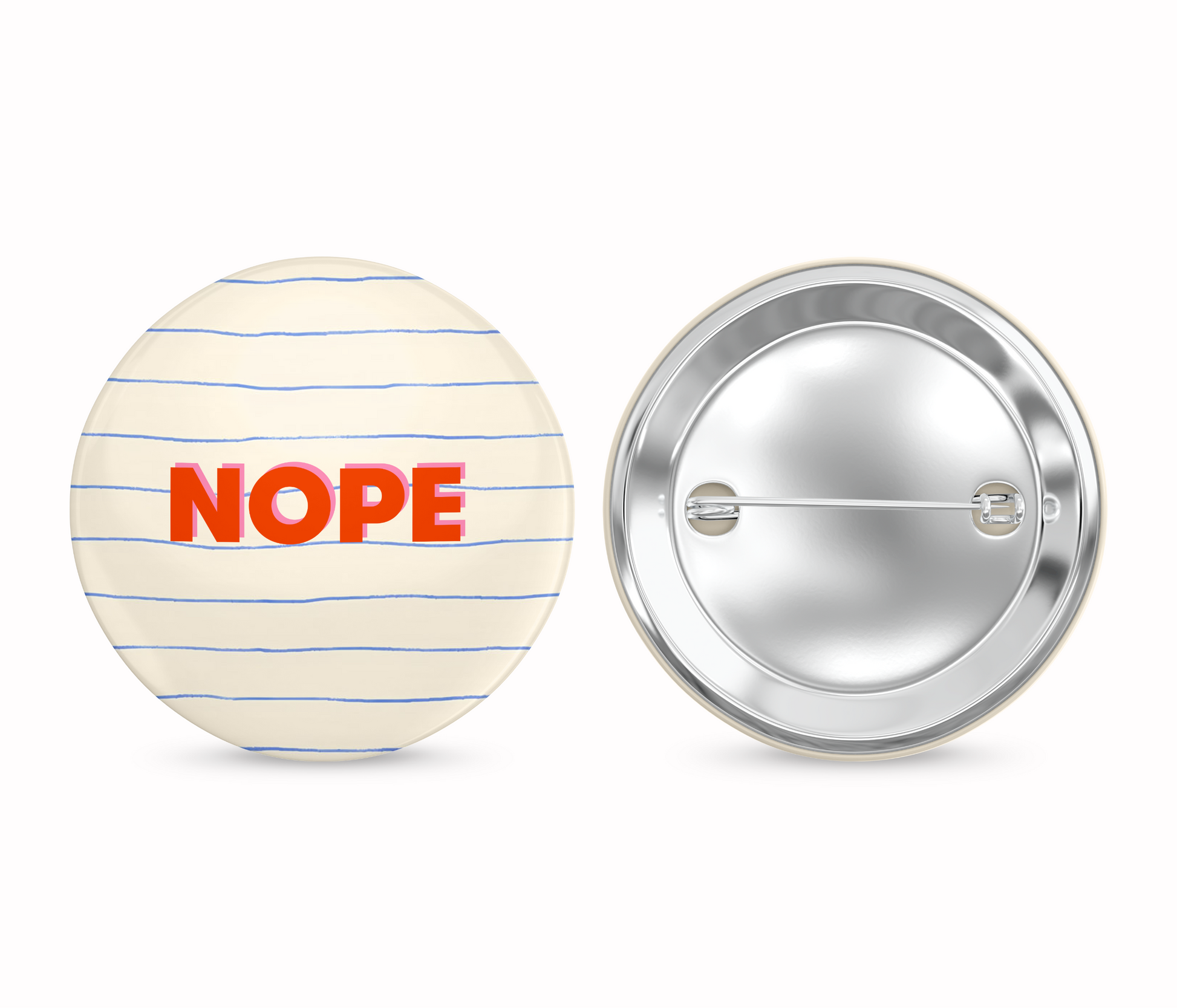 Button badge with 'NOPE' text on a striped background