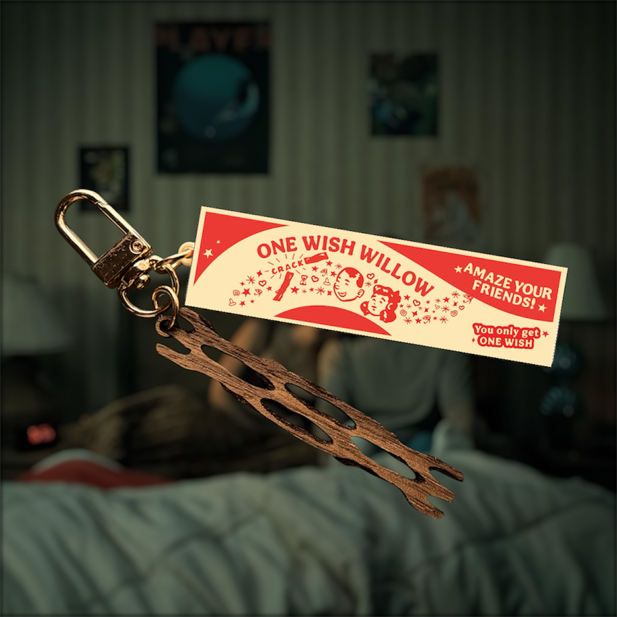 Keychain with 'One Wish Willow' tag in a room setting