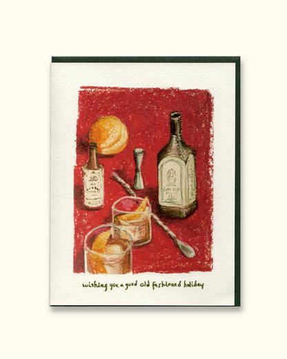 greeting card with illustration of old fashioned cocktail